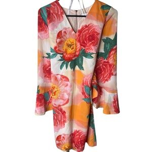 Calvin Klein Floral Long Sleeve Dress - Red, Pink, Orange